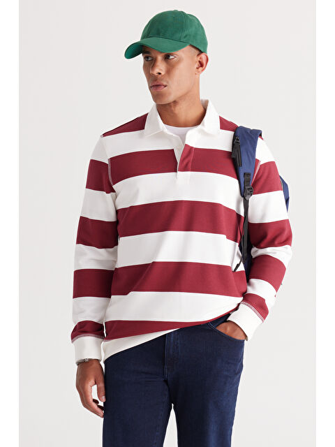 AC&Co / Altınyıldız Classics Erkek Ekru-Bordo Standart Fit Normal Kesim Polo Yaka Pamuklu Sweatshirt - S000396754-37576