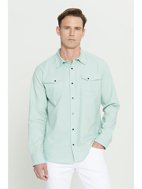 AC&Co / Altınyıldız Classics Erkek Su Yeşili Slim Fit Dar Kesim Klasik Yaka Pamuk Karışımlı Gömlek - S000394452-18194