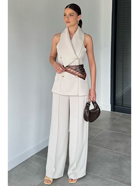 Gülseli Perry Kadın Gold Detaylı Yelek Pantolon İkili Takım