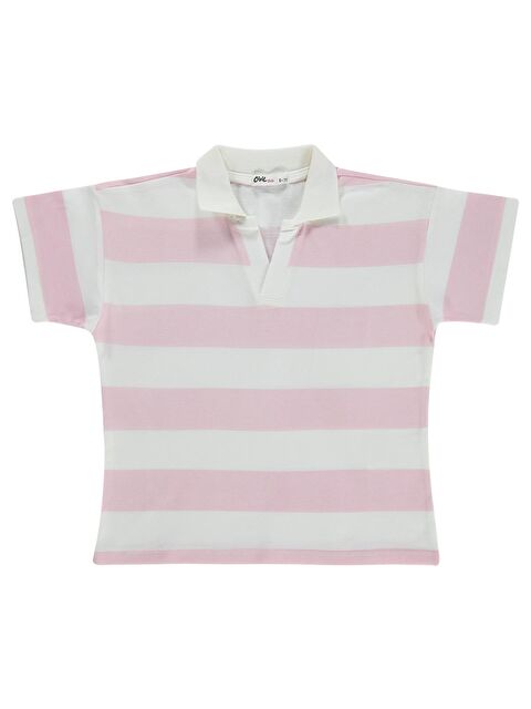 Civil Girls Çizgili Polo Yaka 10-13 Yaş Tişört - Pudra