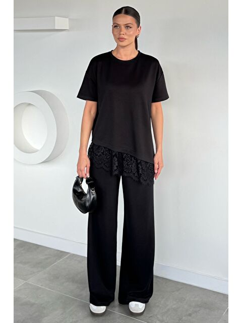 Gülseli Kadın Asimetrik Kesim Dantel Detaylı Bluz Bel Lastikli Pantolon İkili Takım