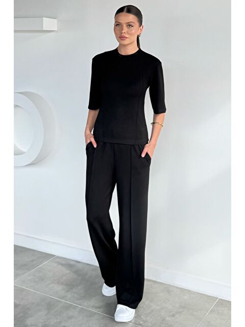 Gülseli Kadın Bisiklet Yaka Biyeli Tişört Bel Lastikli Pantolon İkili Takım