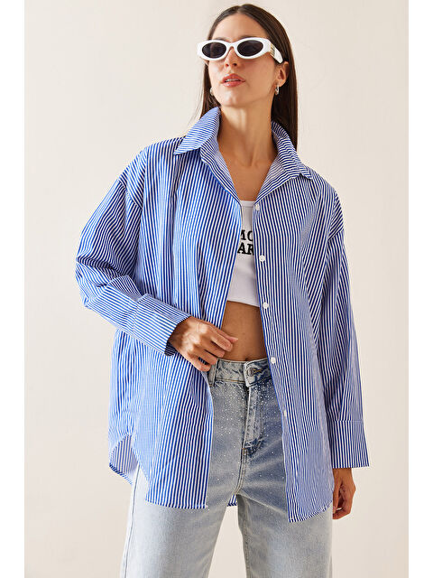 Xhan Mavi Polo Yaka Çizgili Basic Gömlek 5YXK2-48934-12 - S000272337-17234