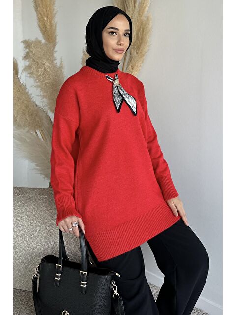 Julude Bisiklet Yaka Fularlı Tesettür Triko Tunik - S000491631-20045