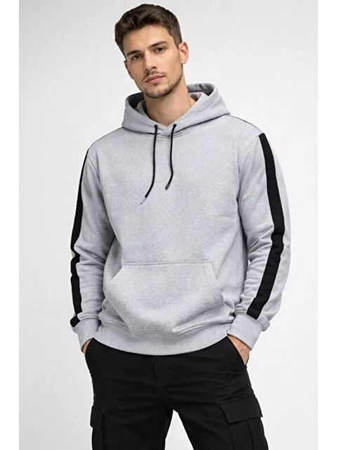 Jane's Erkek Şeritli Kapüşonlu Sweatshirt Oversize 3 Iplik Pamuklu - Beyaz