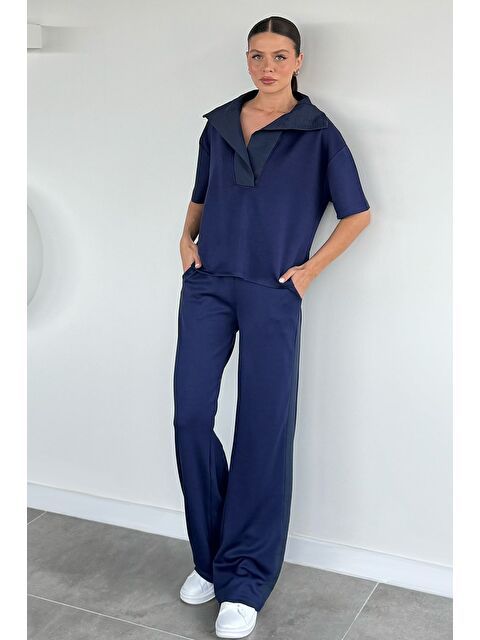 Gülseli Kadın Polo Yaka Bluz Bel Lastikli Pantolon İkili Takım