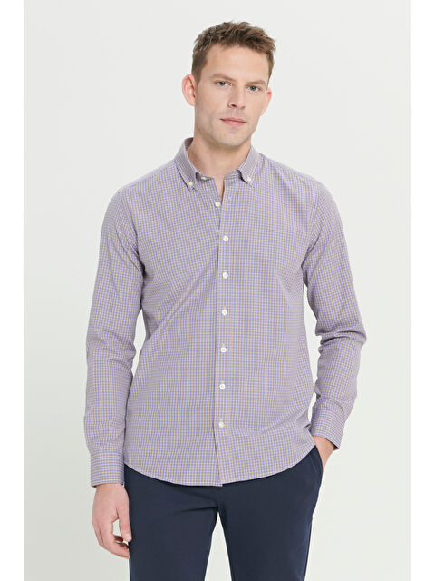 AC&Co / Altınyıldız Classics Erkek Hardal Slim Fit Dar Kesim Düğmeli Yaka Pamuklu Kareli Gömlek - S000396789-20074