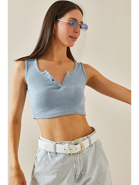 Xhan Bebe Mavisi Çıtçıtlı Fitilli Crop Bluz - S000226166-3642