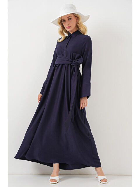 Bigdart Kadın Önü Bağlamalı Keten Elbise 2574 - Lacivert - S000411797-21164