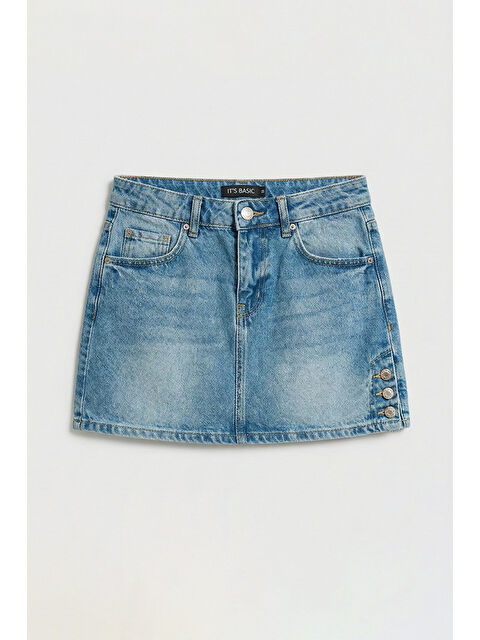 It's Basic Kadın Tint Jean Rengi 2s6-3 Mini Boy Yandan Düğmeli Denim Etek