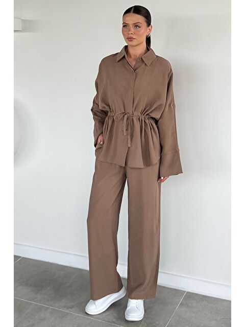 Gülseli Kadın Bağlama Detaylı Gömlek Bel Lastikli Pantolon İkili Takım