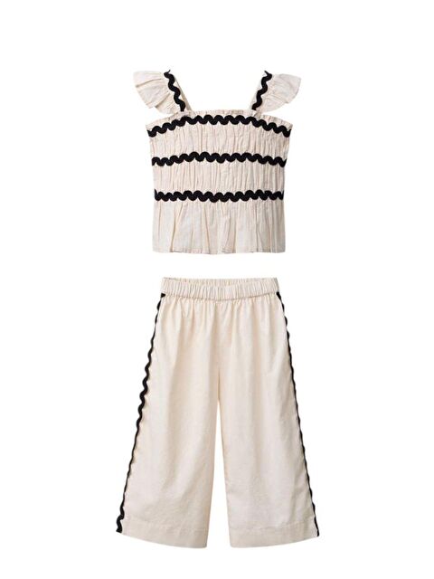 Monila Kız Çocuk Keten Kumaş Fisto Şeritli Bluz Ve Pantolon Alt Üst Takım - S000516308-19928