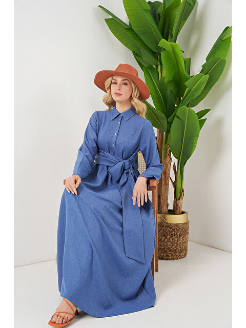 Bigdart Kadın Önü Bağlamalı Keten Elbise 2574 - İndigo - S000411797-23093
