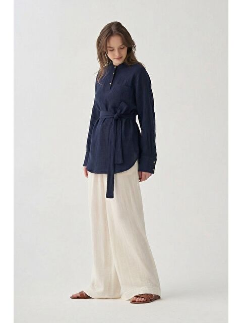 ALLDAY Lacivert-Kuşaklı Müslin Gömlek