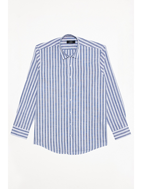 TUDORS Erkek Regular Fit Klasik Kesim %100 Pamuk Çizgili Keten Efektli Lacivert Gömlek - S000531541-21164