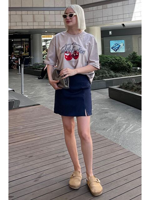 Madmext Lacivert Yüksek Bel Önden Yırtmaçlı Kısa Etek Mg2086 - S000216115-21164