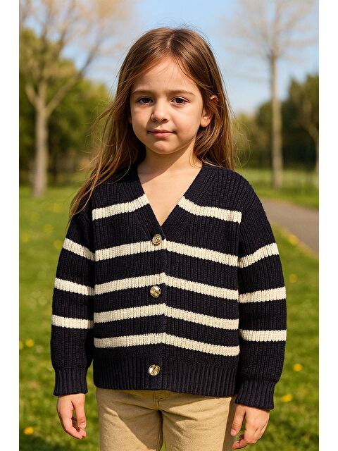 Fullamoda Çizgili Düğmeli Kız Çocuk Triko Hırka - S000446216-21164