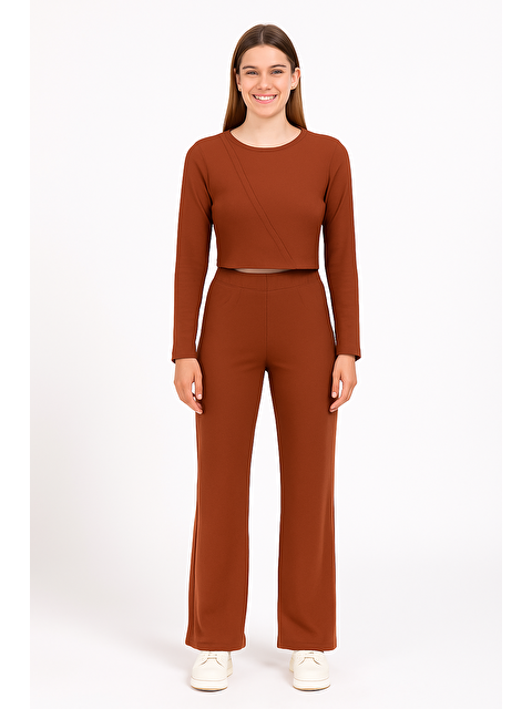 For You Moda Waffle Kumaş Uzun Alt Üst Takım – Kahverengi | %100 Pamuk Doğal Kumaş - S000513544-19413
