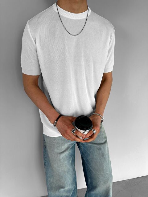 Abluka Online Erkek Regular Fit Bisiklet Yaka Esnek Triko Tişört Ekru - S000144610-19965