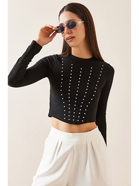 Xhan Siyah Bisiklet Yaka Taşlı Crop Bluz 5YXK2-48936-02 - S000272327-19351