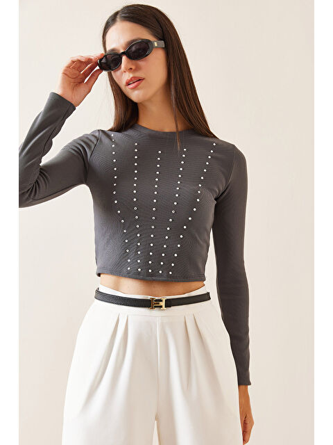Xhan Füme Bisiklet Yaka Taşlı Crop Bluz 5YXK2-48936-33 - S000272327-33408