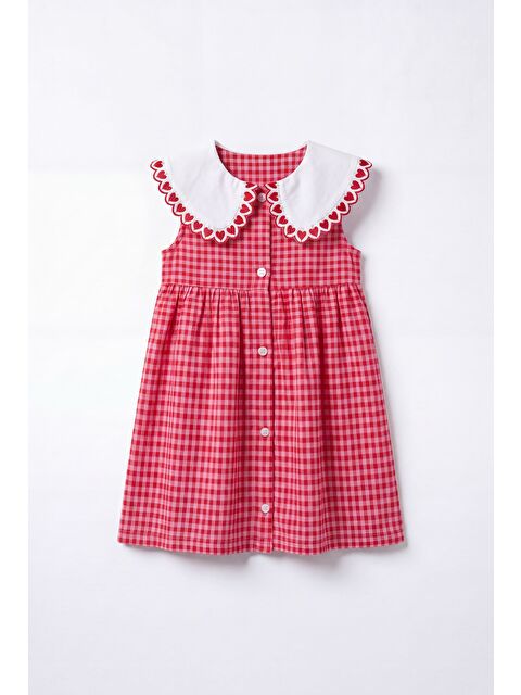 Magu Kız Çocuk Pamuklu Pembe Pötikare Yakalı Elbise