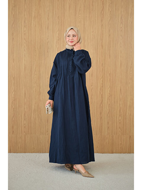 Locco Moda Kadın Önü Nervurlu Bisiklet Yaka Keten Elbise Lacivert