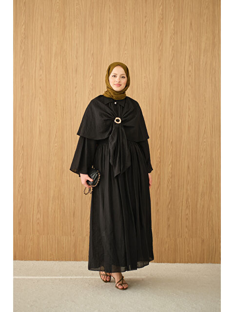 Locco Moda Kadın Üç Parçalı Tül Kumaş Gold Broş Detay Takım Siyah