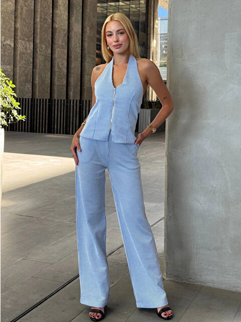 Hazelin Kadın Mavi Çizgili Önü Fermuarlı Bluz Pantolon İkili Takım HZL25S-ZK13691 - S000411069-17234