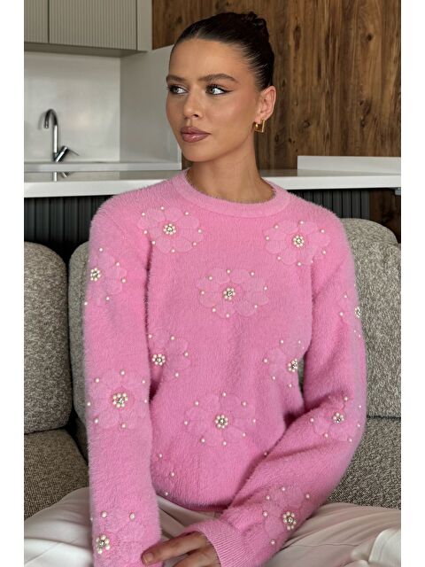 Gülseli Kadın Çiçek Baskılı Taşlı Sakallı Triko Kazak (s-m-l Beden Uyumludur.) - S000445208-20024