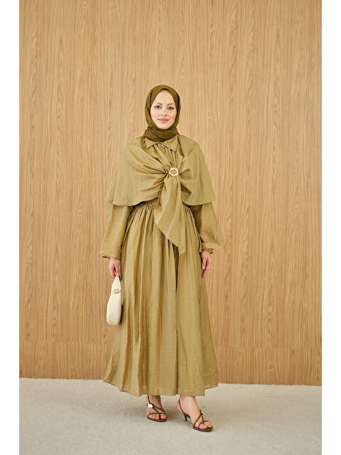 Locco Moda Kadın Üç Parçalı Tül Kumaş Gold Broş Detay Takım Yağ Yeşil