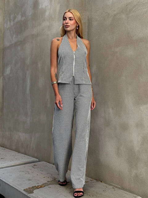 Hazelin Kadın Siyah Çizgili Önü Fermuarlı Bluz Pantolon İkili Takım HZL25S-ZK13691
