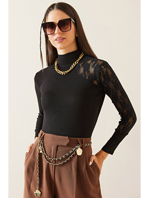 Xhan Siyah Dantel Detaylı Boğazlı Bluz 5KXK2-48976-02 - S000280435-19351