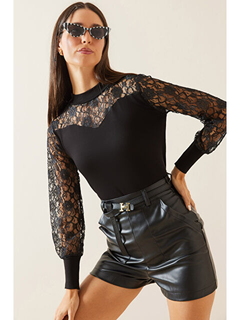 Xhan Siyah Dantel Detaylı Dik Yaka Bluz 5KXK2-48975-02 - S000280436-19351