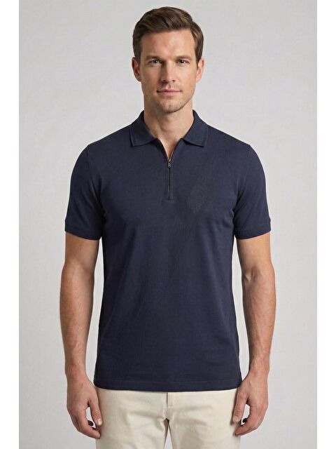 Sabri Özel Giotelli Lacivert Standart Fit %100 Pamuklu Polo Yaka Armürlü Tişört - S000525352-21164