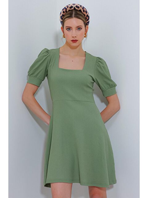 Bigdart Kadın Çağla Yeşili Kare Yaka Örme Mini Elbise - S000089510-5236