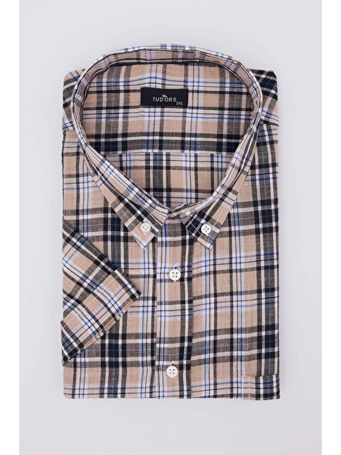 TUDORS Büyük Beden Kısa Kollu Düğmeli Yaka Kareli Ketenli Pamuk Erkek Gömlek