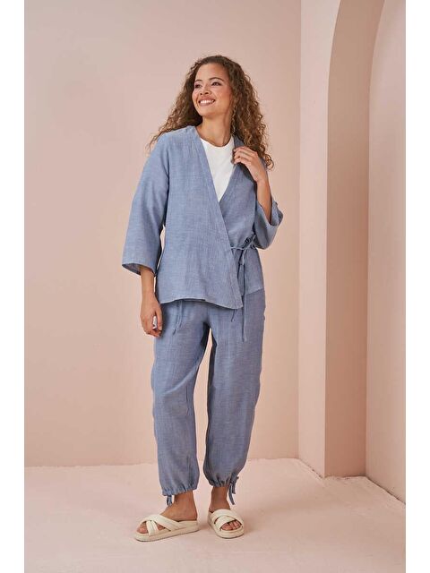 Mevra Kruvaze Kimono Müslin Bluz Mavi - S000513548-17234