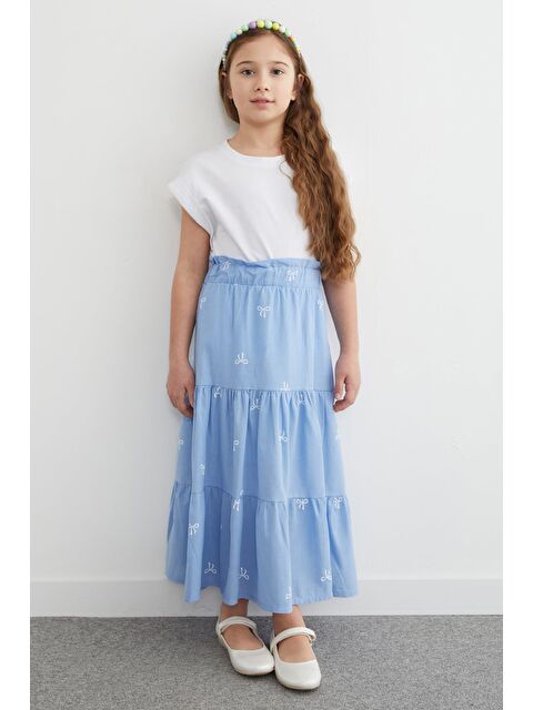 Fullamoda %100 Pamuk Beli Lastikli Fiyonk Nakışlı Kız Çocuk Etek - S000514644-17234