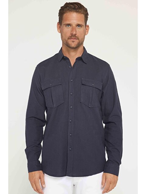 TUDORS Erkek Regular Fit Klasik Kesim %100 Pamuk Keten Doku Çift Cep Füme Gömlek