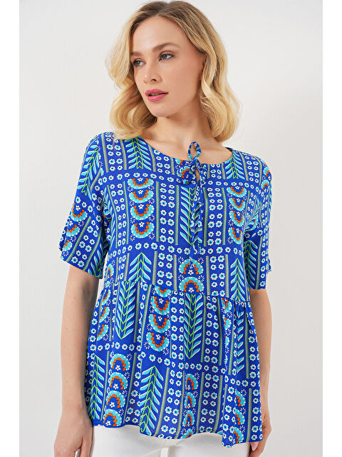 Bigdart Kadın Desenli Kısa Kol Bluz 969 - Saks - S000411820-23710