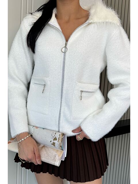 Gülseli Kadın Pelüş Yaka Çift Cepli Yumoş Triko Ceket - S000449203-19966