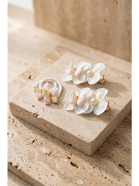 Katia And Bony 4'Lü Kelebek Aksesuarlı Çiçekli Beyaz Toka Seti