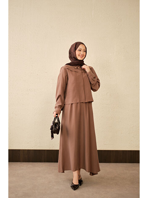 Locco Moda Kadın Ön Gizli Düğme Detay Kısa Gömlek Takım Kahverengi