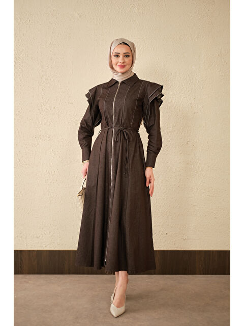 Locco Moda Kadın Dikiş Detay Omuz Büzgülü Jean Elbise Kahverengi