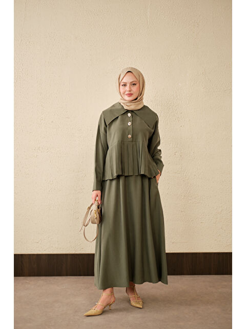 Locco Moda Kadın Gemici Yaka Fırfır Detay Takım Haki Yeşil