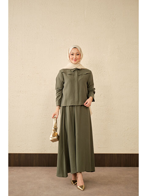 Locco Moda Kadın Ön Gizli Düğme Detay Kısa Gömlek Takım Yeşil