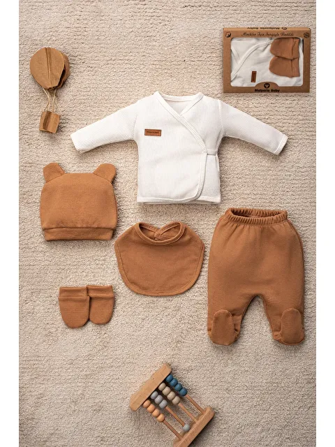 Mai Perla Waffle Kumaş Organik Pamuk Ayıcık Kulaklı Şapkalı Kutulu 5’li Hastane Çıkış Seti