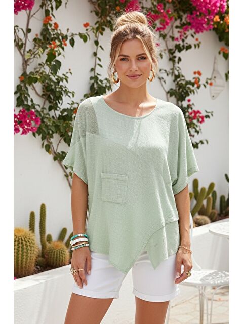 Chiccy Mint Havuz Yaka Kısa Kol Cepli File Detaylı Yıkamalı Casual Asimetrik Dokuma Bluz 70 63 - S000367590-1180