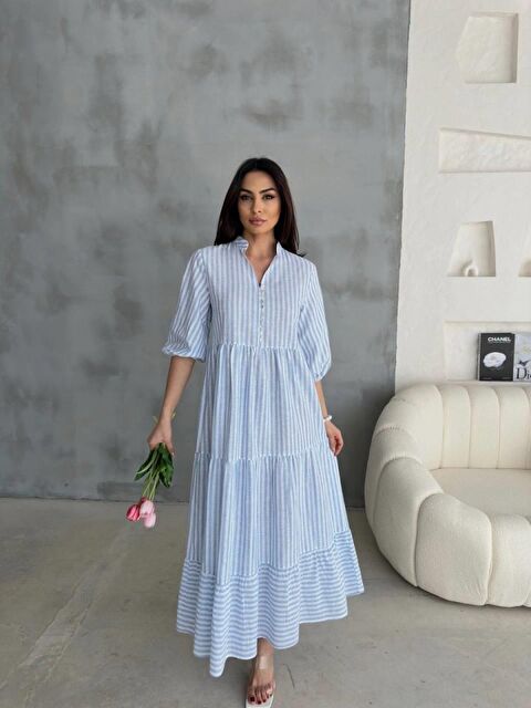 Jane's ÇİZGİLİ KETEN HAKİM YAKA DÜĞMELİ SALAŞ ELBİSE - Mavi